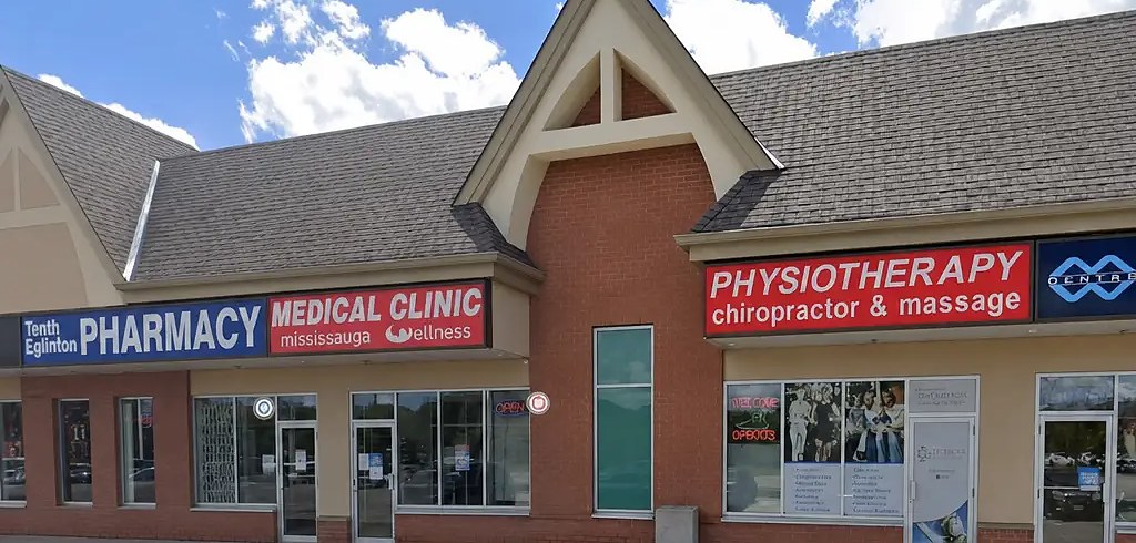 Mississauga Wellness medical clinic in the plaza at 5030 Tenth Line West, next to Tenth Eglinton Pharmacy