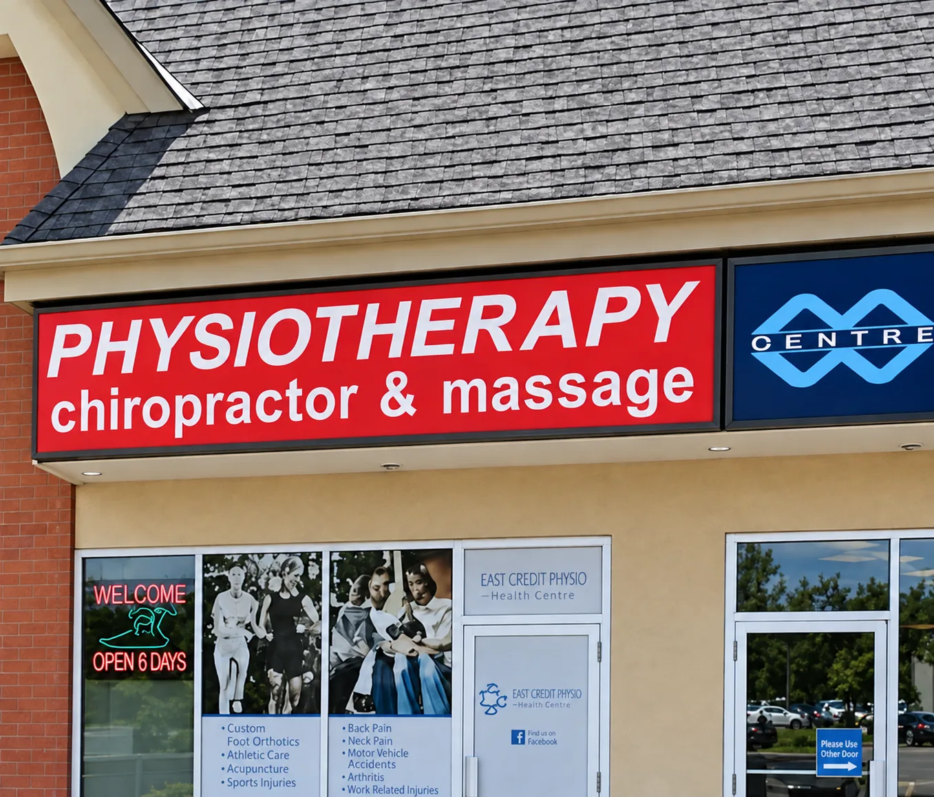 Physiotherapy and massage clinic storefront, open six days